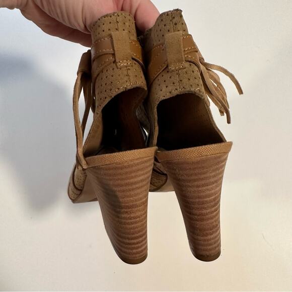 Franco Sarto Fina Tan Peep Toe Bootie Block Heels - Picture 5 of 9